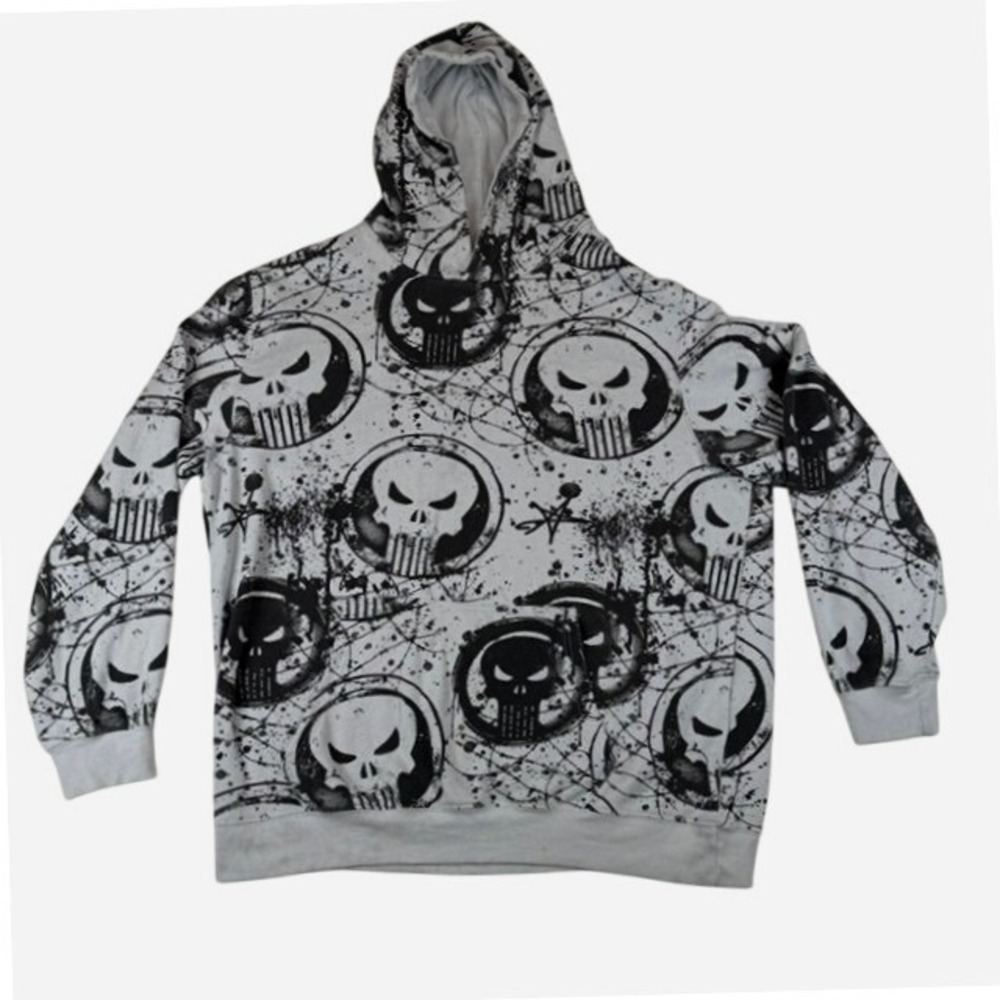 Marvel Punisher Hoodie Mens XL Grey Black All Over Print Skull Graphic Pullover